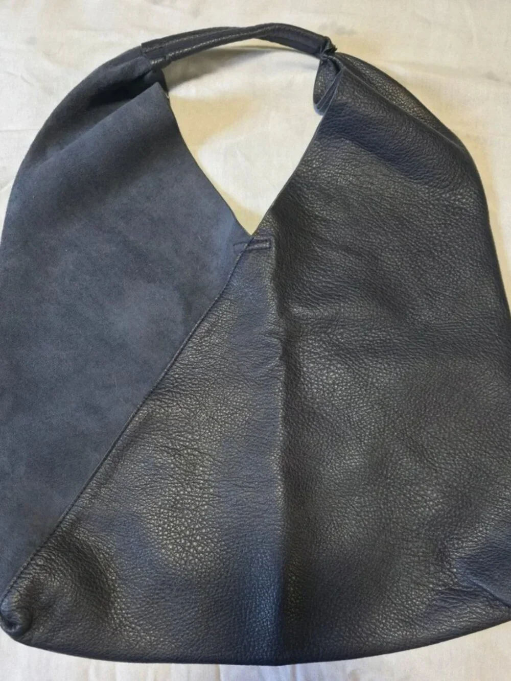 Navy leather and suede hobo bag